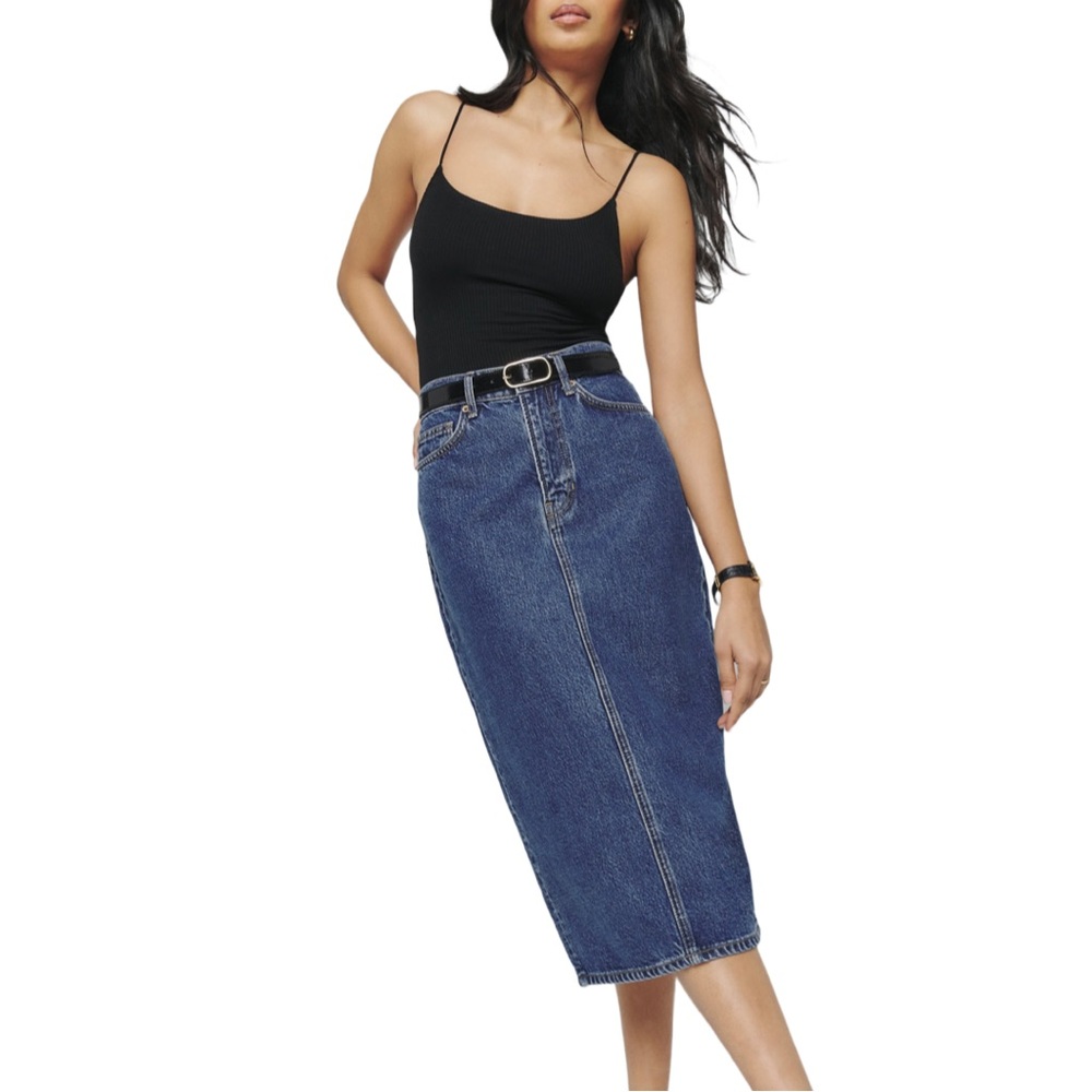 REFORMATION Jayde High Rise Denim Midi Skirt